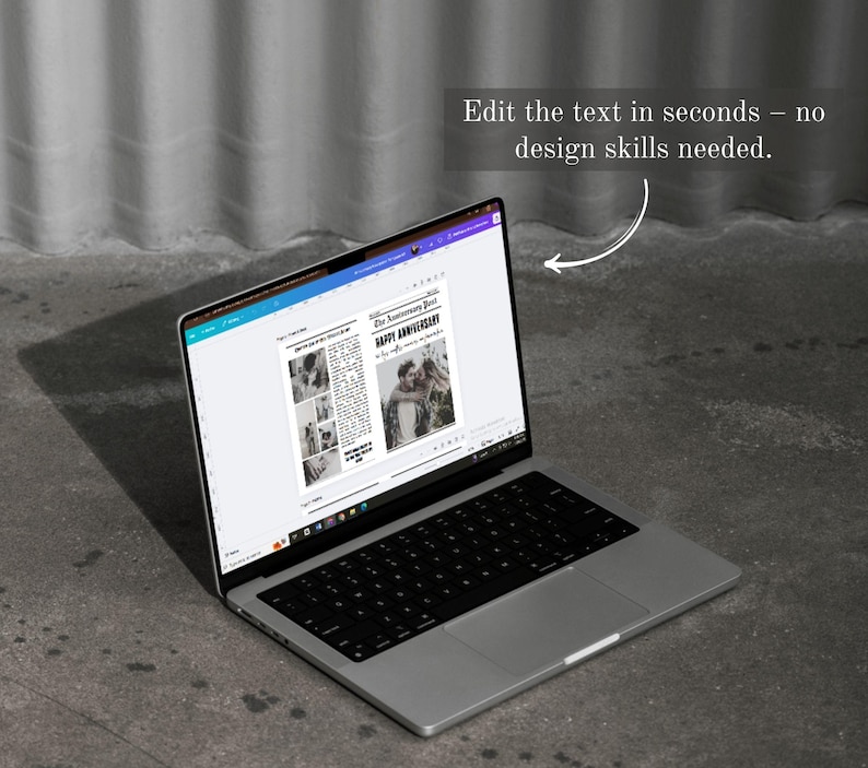 May include: A silver laptop displays a newspaper-style layout with the headline "Happy Anniversary." The screen shows a collage of photos and text. The text "Edit the text in seconds - no design skills needed" is also visible.
