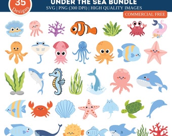 May include: A set of 35 colorful cartoon illustrations of sea creatures, including an octopus, a starfish, a seahorse, a crab, a fish, a shark, a whale, a turtle, a jellyfish, and a seashell. The illustrations are perfect for creating digital designs, crafts, and other projects.