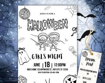Puede incluir: Invitación de Halloween en blanco y negro con el texto "Halloween Girls Night" y detalles del evento. Incluye una etiqueta de "Gracias" con ilustraciones de bola de discoteca y murciélagos. El fondo presenta una luna y ramas.