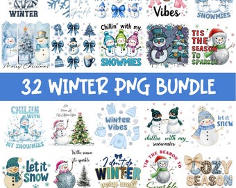 May include: A digital art bundle featuring 32 winter-themed PNG images. The collection includes snowmen, snowflakes, winter phrases, and a raccoon illustration. The color palette is primarily blue, white, and teal, perfect for seasonal crafts.