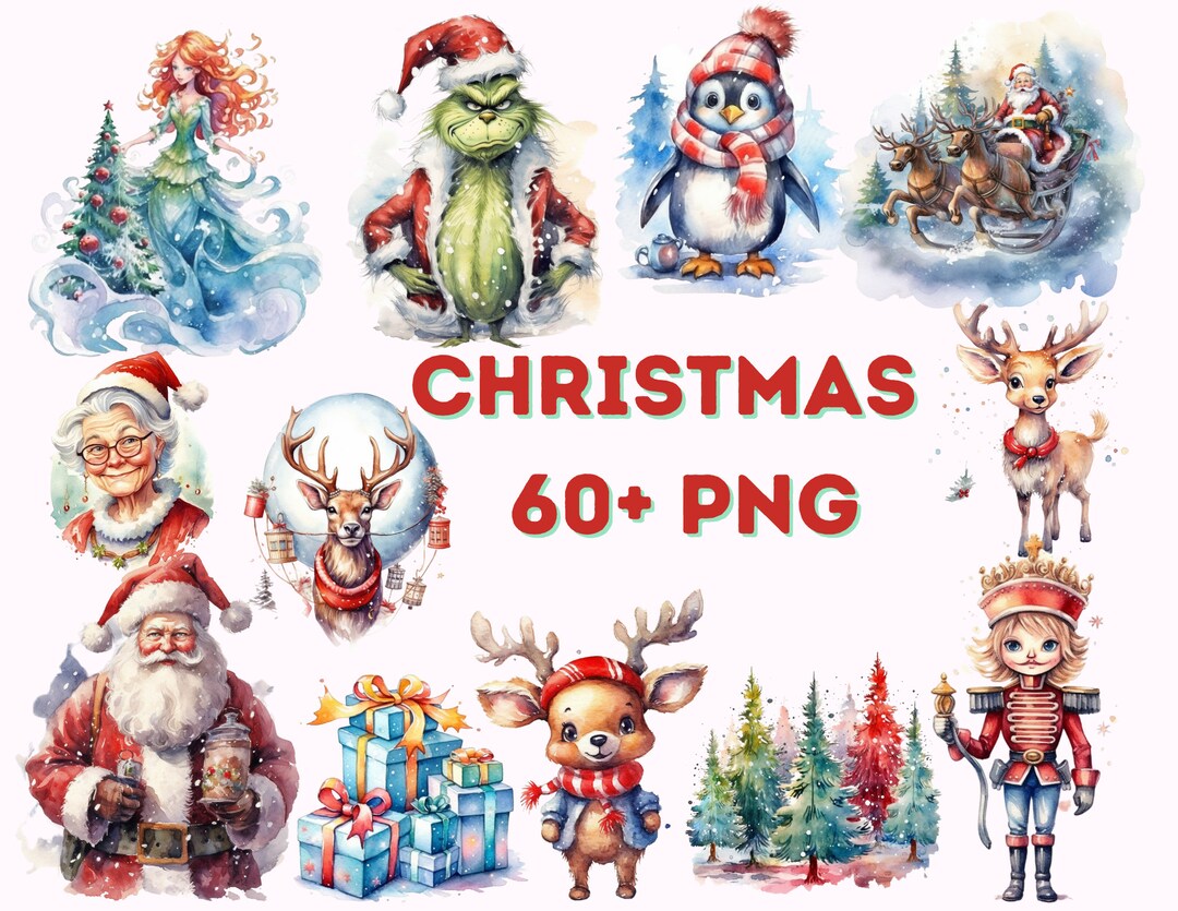 Christmas Clipart Bundle Watercolor Bundle Cute Character Santa PNG ...