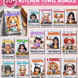 May include: A kitchen towel bundle featuring over 20 designs with cartoon illustrations of chefs and cooking-related phrases. The towels are white with colorful graphics and text, perfect for kitchen decor.