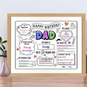 May include: A framed print with a birthday theme for Dad. The print features the word "DAD" in colorful letters, along with handwritten text and drawings. It includes phrases like "Happy Birthday," "His Name Is Daddy," and "He's 38 Years Old."