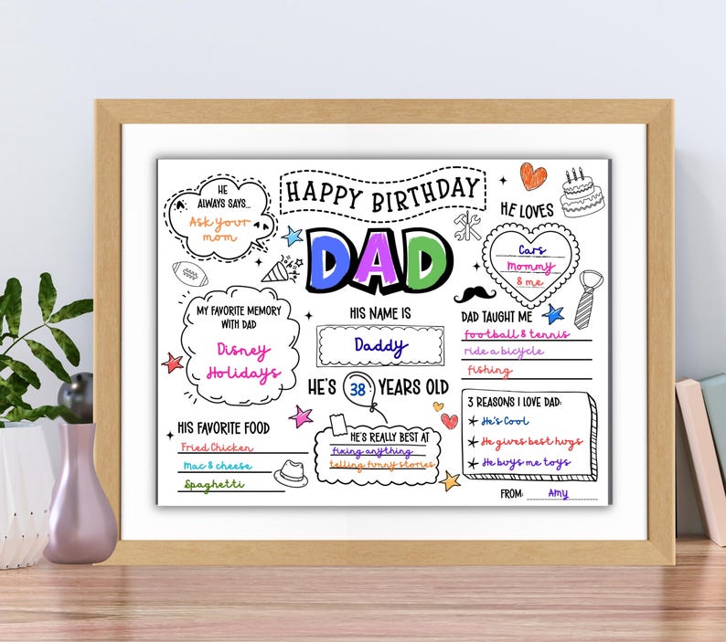 May include: A framed print with a birthday theme for Dad. The print features the word "DAD" in colorful letters, along with handwritten text and drawings. It includes phrases like "Happy Birthday," "His Name Is Daddy," and "He's 38 Years Old."