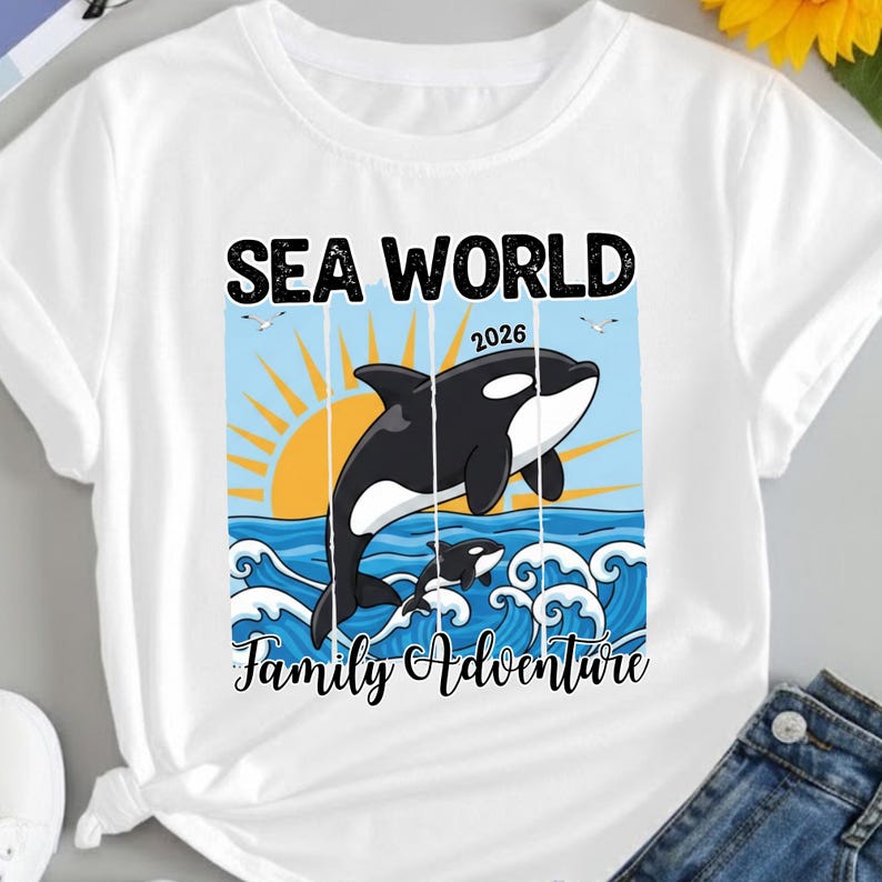K&ouml;nnte beinhalten: Wei&szlig;es T-Shirt mit einer Grafik eines schwarz-wei&szlig;en Orcas, der aus blauen Meereswellen springt, mit einer gelben Sonne und den Worten "SEA WORLD 2026 Family Adventure". Zwei M&ouml;wen fliegen &uuml;ber dem Text.