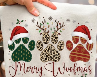 Retro Merry Woofmas Png, Trendy Christmas Dog Png, Leopard Dog Paw, Holiday Design Sublimation, Digital Download