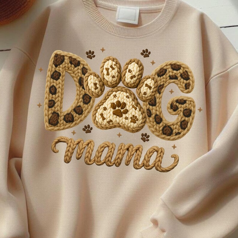 May include: A beige sweatshirt with a dog-themed design. The word "Dog" is spelled out with paw prints and a leopard print pattern. The word "Mama" is written in a cursive font below the word "Dog".