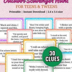May include: A printable outdoor scavenger hunt for teens and tweens, featuring 30 clues. The design includes colorful frames with text prompts and a green circle with the number of clues. The size is 2.6 x 3.4 inches.