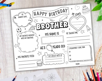 Happy Birthday Brother Coloring Page, Birthday Brother Placemat Activity Sheet, All About Fill-in-blanks, Printable Birthday Card gift