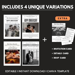 May include: A black and white anniversary newspaper template with four unique variations. Includes invitation, details, and RSVP cards. The text includes "Happy Anniversary", "Our First Anniversary", and "Our Love Story". Editable and instant download.
