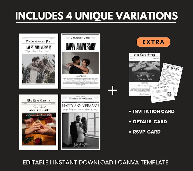 May include: A black and white anniversary newspaper template with four unique variations. Includes invitation, details, and RSVP cards. The text includes "Happy Anniversary", "Our First Anniversary", and "Our Love Story". Editable and instant download.