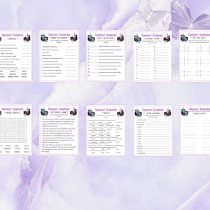Peut inclure: Une collection de feuilles d'activit&eacute;s imprimables "Jeux pour seniors". Les feuilles comprennent des jeux comme des &eacute;nigmes, des jeux-questionnaires, des recherches de mots, etc. Chaque feuille a un titre et est d&eacute;cor&eacute;e d'un graphique d'une personne dans une chaise.