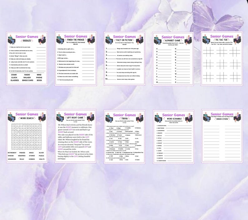 Peut inclure: Une collection de feuilles d'activit&eacute;s imprimables "Jeux pour seniors". Les feuilles comprennent des jeux comme des &eacute;nigmes, des jeux-questionnaires, des recherches de mots, etc. Chaque feuille a un titre et est d&eacute;cor&eacute;e d'un graphique d'une personne dans une chaise.