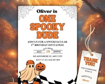 May include: Halloween-themed birthday invitation with the text "Oliver is ONE SPOOKY DUDE." The invitation features a cartoon ghost on a skateboard holding a pumpkin. A matching "Thank You" tag is included.