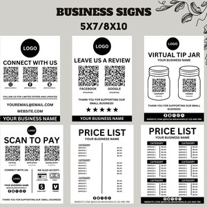 May include: Black and white business sign template with a logo, QR code, and text that says "Connect with us", "Leave us a review", and "Virtual Tip Jar".