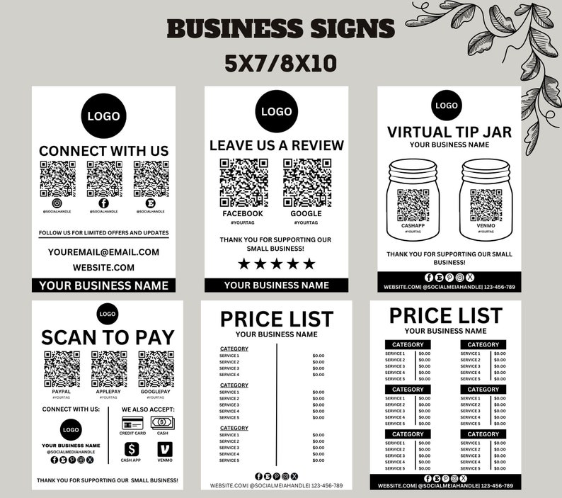 May include: Black and white business sign template with a logo, QR code, and text that says "Connect with us", "Leave us a review", and "Virtual Tip Jar".
