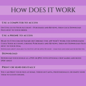 Peut inclure: Graphique lilas avec le texte &laquo;&nbsp;HOW DOES IT WORK&nbsp;&raquo;. Instructions pour acc&eacute;der et t&eacute;l&eacute;charger des fichiers Etsy via ordinateur ou t&eacute;l&eacute;phone. Explique &eacute;galement comment imprimer ou envoyer les fichiers num&eacute;riquement.