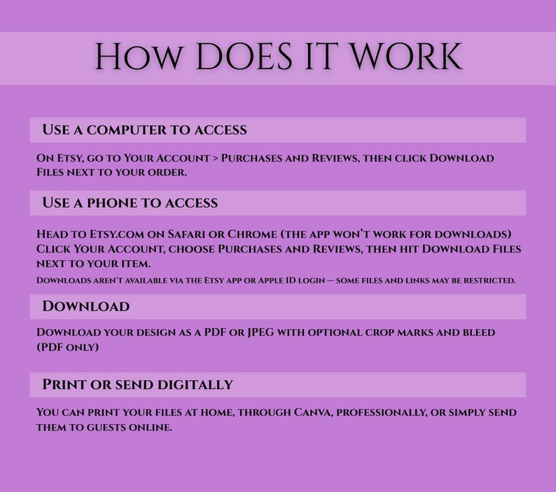 Peut inclure: Graphique lilas avec le texte &laquo;&nbsp;HOW DOES IT WORK&nbsp;&raquo;. Instructions pour acc&eacute;der et t&eacute;l&eacute;charger des fichiers Etsy via ordinateur ou t&eacute;l&eacute;phone. Explique &eacute;galement comment imprimer ou envoyer les fichiers num&eacute;riquement.