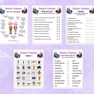Peut inclure: Plusieurs jeux imprimables pour seniors, comprenant "&Ecirc;tes-vous un vrai senior ?", "Vrai ou Faux", "Dictons", "Bingo" et "Quelle invention est apparue en premier ?". Chaque jeu est con&ccedil;u avec un sch&eacute;ma de couleurs violet et blanc.