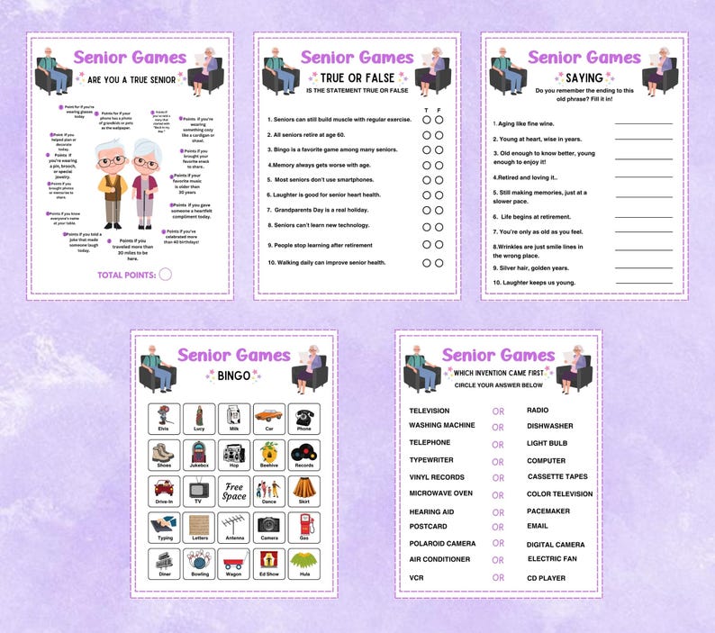 Peut inclure: Plusieurs jeux imprimables pour seniors, comprenant "&Ecirc;tes-vous un vrai senior ?", "Vrai ou Faux", "Dictons", "Bingo" et "Quelle invention est apparue en premier ?". Chaque jeu est con&ccedil;u avec un sch&eacute;ma de couleurs violet et blanc.