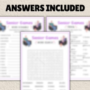 Peut inclure: Trois feuilles de papier avec le texte "Senior Games" en violet. Les feuilles comprennent des jeux de recherche de mots et d'autres jeux. Le texte "Answers Included" est en haut en noir.