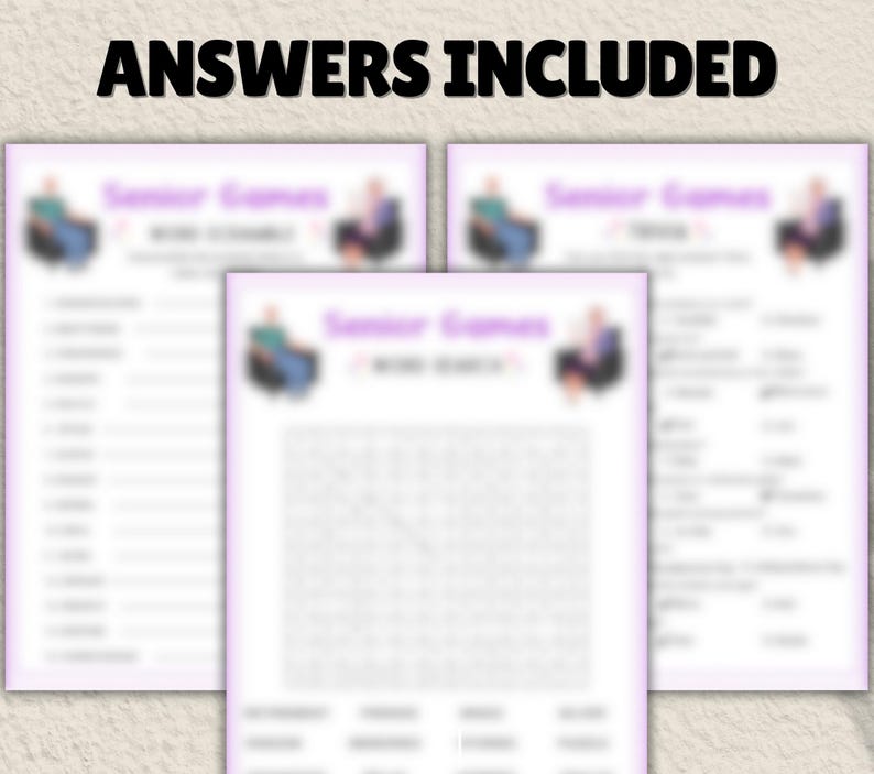 Peut inclure: Trois feuilles de papier avec le texte "Senior Games" en violet. Les feuilles comprennent des jeux de recherche de mots et d'autres jeux. Le texte "Answers Included" est en haut en noir.