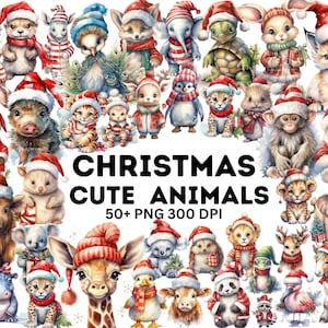 Christmas Animals Watercolor Clipart Bundle| Christmas Animals Clipart PNG| Christmas Gift Clipart| Christmas Kids Png| Cute animal Clipart