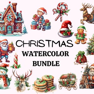 Pacchetto di clipart natalizie ad acquerello/XMAS PNG/simpatico animaletto di renna/Babbo Natale/albero/pupazzo di neve/pan di zenzero/ghirlanda di Natale/berretto di Babbo Natale