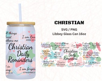 Christian Affirmations 16 oz glass Can Wrap PNG| Inspirational Libbey Glass Can Bible Verse|| Free ready To Print Care Cards