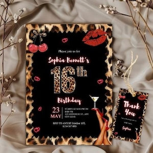 May include: A black invitation with a leopard print border and accents, featuring the text "Sophia Berrett's 16th Birthday." Includes a matching "Thank You" tag. The design incorporates red lips, cherries, and a martini glass.