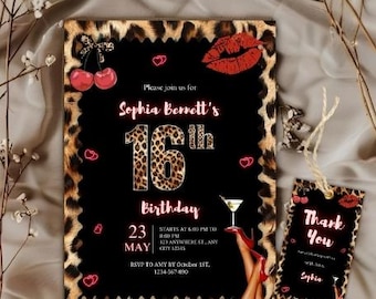 Digital 16th Cheetah theme Birthday Invitation, Leopard Birthday Invite, Cherry bows Birthday Invite Cheetah Cherry Invite, Cherry Leopard