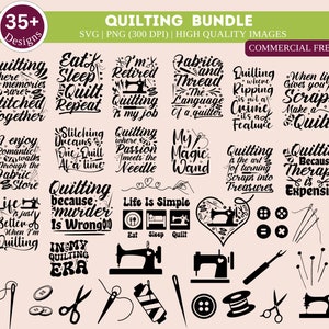 Peut inclure: Une collection de plus de 35 motifs de quilting en texte noir sur un fond rose clair. Les motifs comprennent des citations sur le quilting, la couture et le tissu. Les motifs sont parfaits pour créer des t-shirts, des mugs, des sacs fourre-tout et d'autres objets artisanaux.