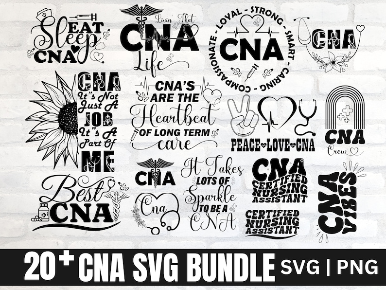 K&ouml;nnte beinhalten: Ein Schwarz-Wei&szlig;-Grafikdesign-Paket mit &uuml;ber 20 SVG-Dateien f&uuml;r zertifizierte Pflegeassistenten (CNAs). Die Designs zeigen verschiedene S&auml;tze und Symbole im Zusammenhang mit dem CNA-Beruf, wie z. B. "CNA Life", "Peace Love CNA" und "CNA Vibes".