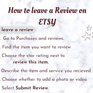K&ouml;nnte beinhalten: Ein wei&szlig;er und grauer Marmorhintergrund mit braunem Text&uuml;berlagerung, der "How to leave a Review on ETSY" lautet. Ein grauer Kasten mit dem Text "To leave a review" befindet sich oben im Bild. Eine Liste mit sechs Schritten, um eine Bewertung auf Etsy abzugeben, wird in braunem Text angezeigt.