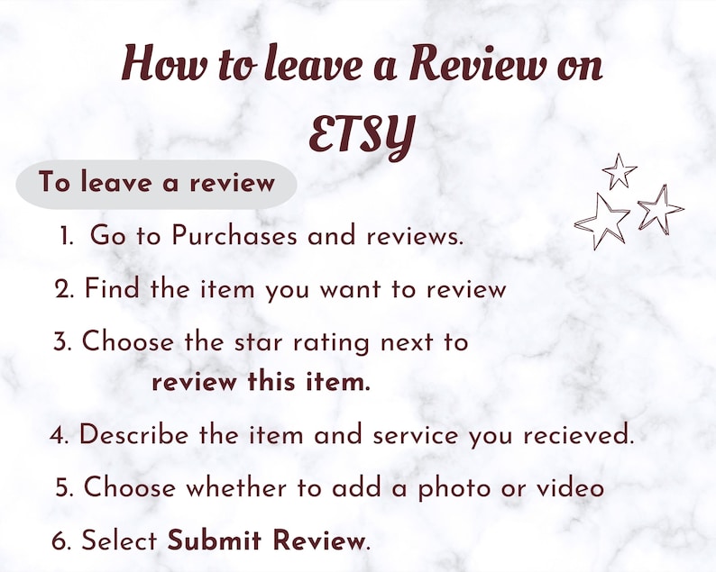 K&ouml;nnte beinhalten: Ein wei&szlig;er und grauer Marmorhintergrund mit braunem Text&uuml;berlagerung, der "How to leave a Review on ETSY" lautet. Ein grauer Kasten mit dem Text "To leave a review" befindet sich oben im Bild. Eine Liste mit sechs Schritten, um eine Bewertung auf Etsy abzugeben, wird in braunem Text angezeigt.