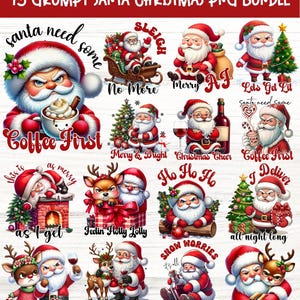 Könnte beinhalten: Ein digitales Kunstpaket mit 15 Designs von grummeligen Weihnachtsmännern. Jedes Design zeigt den Weihnachtsmann in verschiedenen Posen mit Texten wie "Coffee First", "Merry AF" und "Ho Ho Ho". Die Bilder sind in Rot, Weiß und Grün, perfekt für Weihnachtsprojekte.