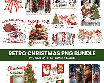 Puede incluir: Un conjunto de imágenes PNG de Navidad retro. Los diseños incluyen a Papá Noel, árboles de Navidad, lazos y texto como "Feliz Navidad" y "Polo Norte". Imágenes de alta calidad para proyectos temáticos navideños.
