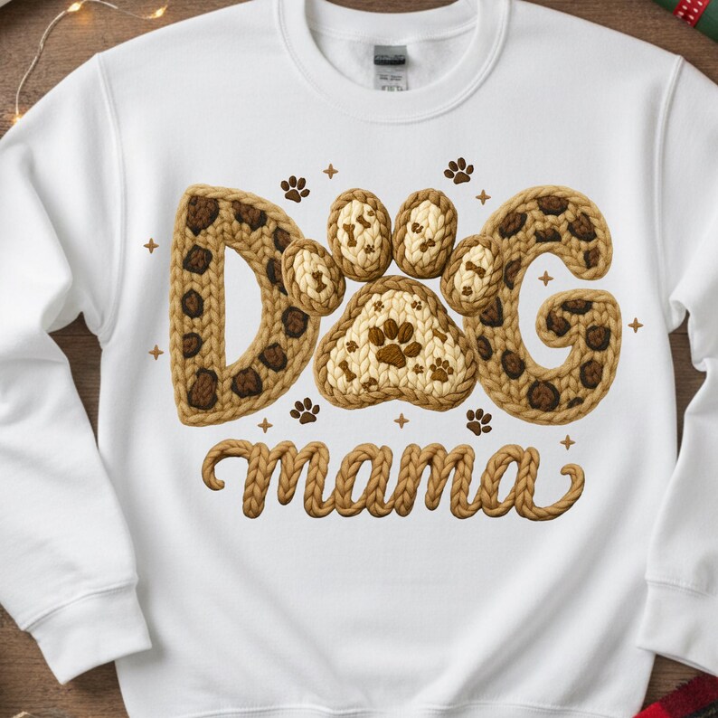May include: White sweatshirt with the words "Dog mama" in a brown, knitted font. The word "Dog" is designed with a leopard print pattern. Paw prints and cross symbols are scattered around the text.