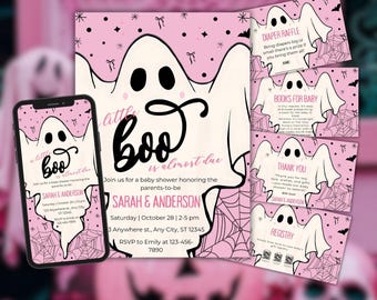Editable Little Boo Almost Due Baby Shower Invitation Set, Pink Little Boo Shower, Halloween Invite, Spooky Ghost, Fall Baby Shower Template