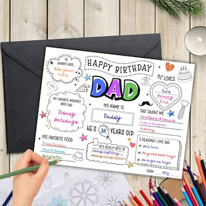 May include: A personalized birthday card with the words "Happy Birthday Dad" in colorful letters. The card includes fill-in-the-blank sections for favorite memories, foods, and reasons for love. A hand is shown coloring the card with a green pencil.