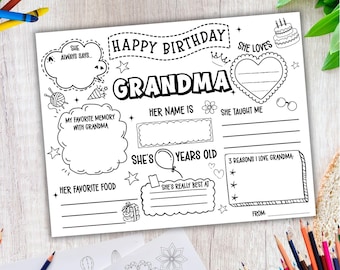 Happy Birthday Grandma Coloring Page, All About grandmother Template, Granny’s Birthday Activity, Happy Birthday Grandma Placemat Printable
