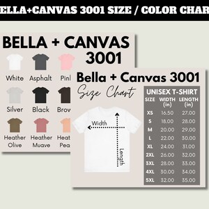Gráfico editable de colores y tamaños de Bella Canvas 3001/ Gráfico de colores BC 3001/ Gráfico de tamaños de Bella Canvas/ Fácil de editar / Plantilla Canva personalizable