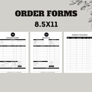 May include: Three printable order forms in black and white. The first form is labeled "Order Form" and includes fields for customer details, order details, and a section for item descriptions, quantity, price, and subtotal. The second form is labeled "Invoice" and includes fields for customer details, order details, payment details, and a section for item descriptions, quantity, price, and subtotal. The third form is labeled "Order Tracker" and includes columns for date, order number, customer, item, quantity, and shipped.