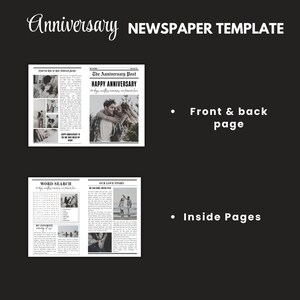 May include: A newspaper template with the word "Anniversary" in cursive script at the top left and "NEWSPAPER TEMPLATE" in bold text at the top right. The front page features a couple embracing, with the headline "HAPPY ANNIVERSARY". Inside pages include a word search and photos.