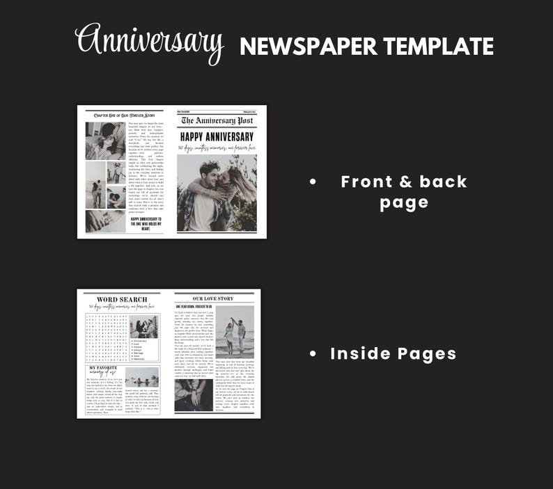 May include: A newspaper template with the word "Anniversary" in cursive script at the top left and "NEWSPAPER TEMPLATE" in bold text at the top right. The front page features a couple embracing, with the headline "HAPPY ANNIVERSARY". Inside pages include a word search and photos.