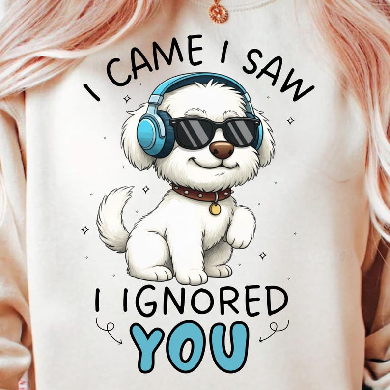 May include: White sweatshirt featuring a cartoon dog wearing sunglasses and headphones. The dog has a brown collar and a gold tag. The text "I CAME I SAW I IGNORED YOU" is printed above and below the dog in black and blue.