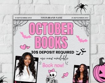 May include: A promotional graphic for "October Books" with pink text and Halloween-themed decorations. The design includes images of two women, bats, spiders, and a skeleton. The text reads "30$ deposit required" and "Book now!"