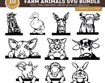 農場の動物が覗いている SVG PNG バンドル | 羊、鶏、雄鶏、馬、ハイランド牛、ヤギ、豚、ウサギ、納屋、猫、ロバ PNG クリップアート | CutAnimals SVG