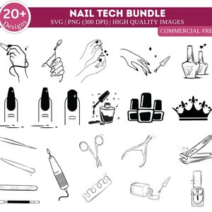 May include: A black and white illustration of a nail tech bundle with various designs. The image includes illustrations of hands, nail polish bottles, nail art, and tools like clippers and files. Text at the top reads "NAIL TECH BUNDLE" and "COMMERCIAL FREE".