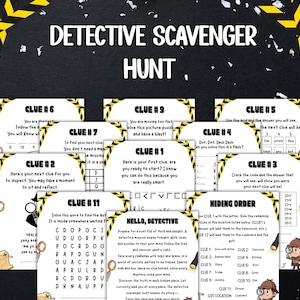 Op de afbeelding: Een verzameling detective-thema speurtochtaanwijzingen gedrukt op witte kaarten. De kaarten bevatten verschillende puzzels, raadsels en instructies, met tekst als "CLUE #1" en "HELLO, DETECTIVE". Het ontwerp bevat gele en zwarte gevarenstrepen en cartoon detective illustraties.